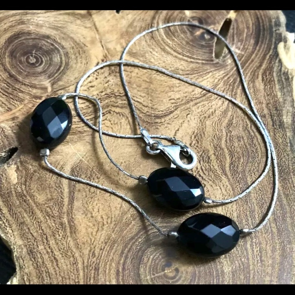Faceted Onyx Briolette Sterling Silver Necklace